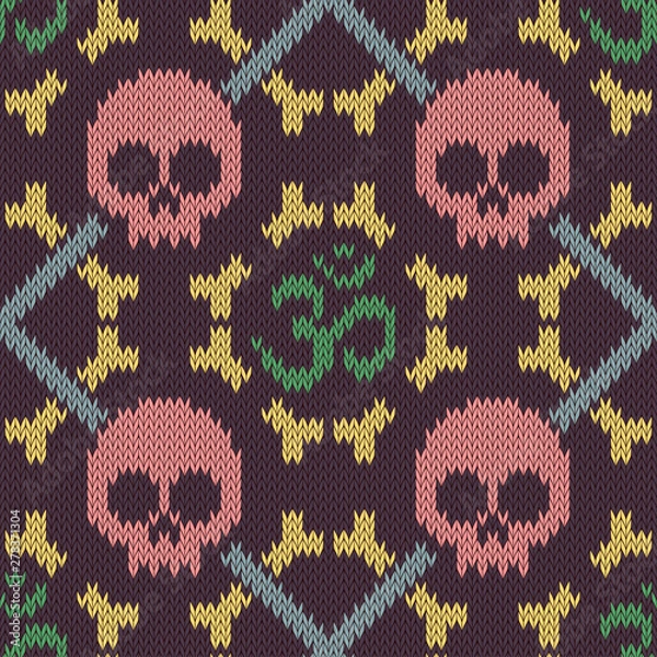 Fototapeta Seamless knitted pattern with sacred Hinduism symbol. Sacred syllable, symbol or mantra Om. Pink skull and bones