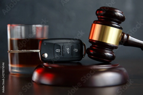 Obraz The concept of a DUI. Law hammer, alcohol and car keys on wooden table, dark background
