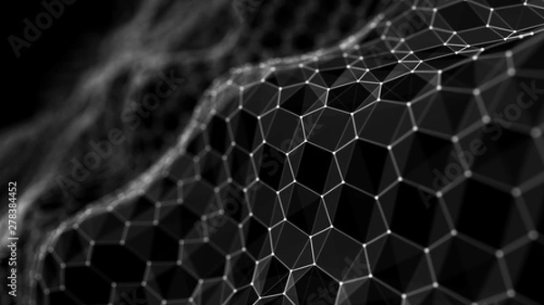 Obraz Futuristic black hexagon background. Futuristic honeycomb concept. Wave of particles. 3D rendering. Data technology background