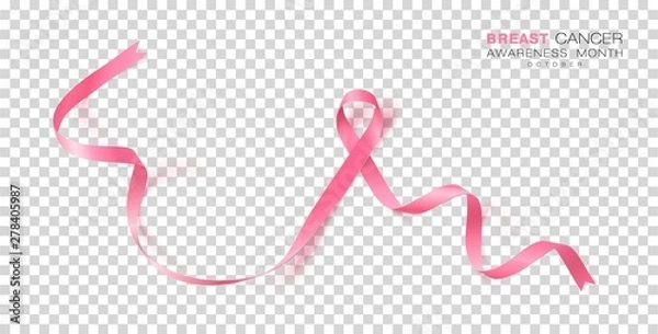 Fototapeta Breast Cancer Awareness Month. Pink Color Ribbon Isolated On Transparent Background. Vector Design Template For Poster.
