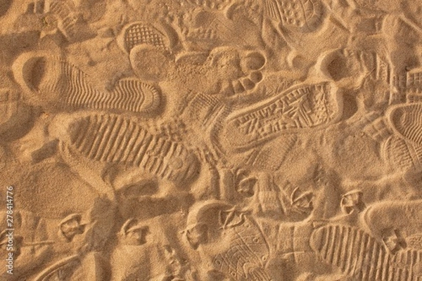 Fototapeta Traces of protectors of shoes, bare feet and gulls on the sand in the rays of the warm sunset sun.