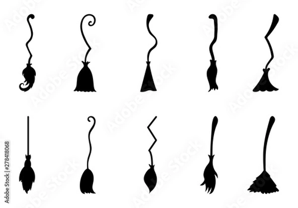Fototapeta Set of different witch brooms isolated on white background. Halloween decorative elements. Vector illustration for any design.