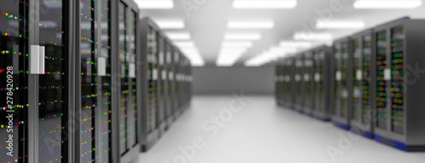 Fototapeta Server room data center. Backup, hosting, mainframe, farm and computer rack with storage information. 
