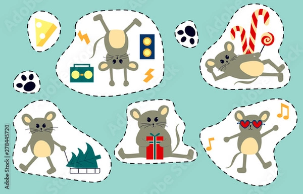 Obraz Vector illustration with  cartoon mice - symbol of the Chinese new year 2020. Mice with Christmas attributes in the form of stickers. Art can be used for holiday invitation, postcard, poster, packing.