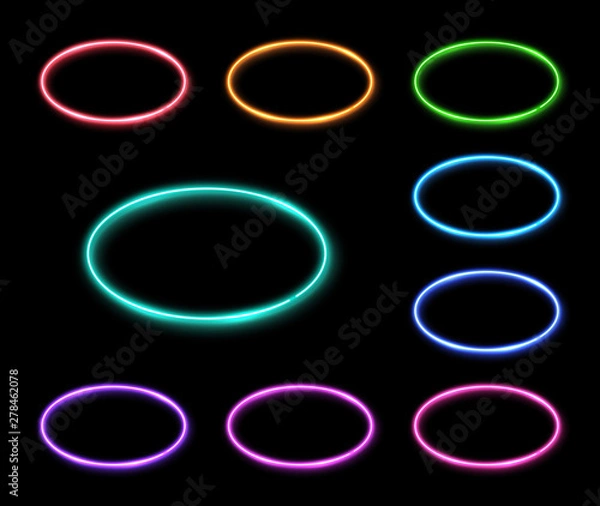Fototapeta Colorful neon oval frames set. Glowing led lamp electric circles. Design element for your ad sign poster banner. Round signs with glowing light flares sparkles. Abstract vector ellipse background.