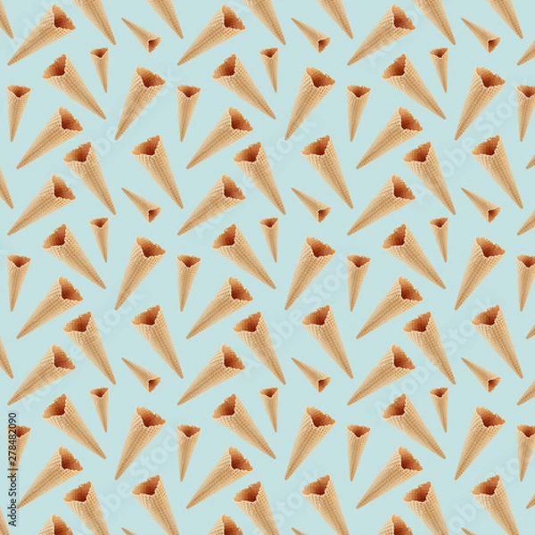 Fototapeta Empty crumble waffle ice cream cones as seamless decorative random pattern on soft light pastel green background.