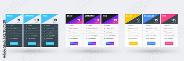 Fototapeta Pricing table color variations. Pricing plans template for websites and applications. Vector illustration