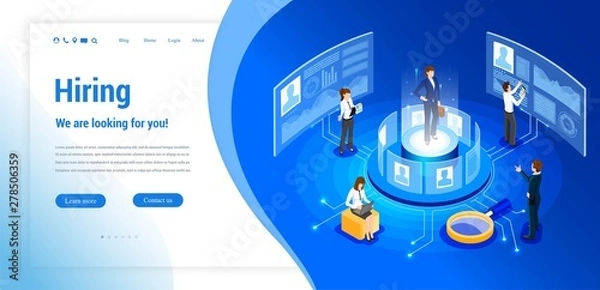 Fototapeta Isometric hiring, recruitment agency. Web site page concept. Template, banner, advertising, presentation. Job vacancy.