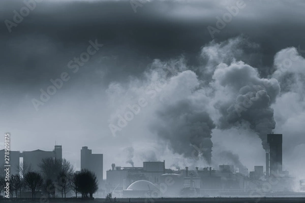 Fototapeta A chemical plant polluting the air and causing rising temperatures and global warming
