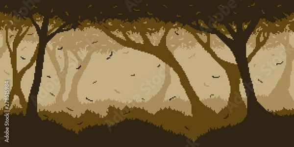 Fototapeta Autumn spooky night forest - horizontal seamless pixelated backdrop for 8-bit games. Can be used as pixel background for creating Halloween levels, wallpapers etc.