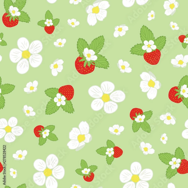 Fototapeta Floral vector seamless pattern with strawberry, leaves and flowers. Gentle blossom design is perfect for summer and spring projects,  garden and kitchen goods, textile, accessories, wrapping paper.