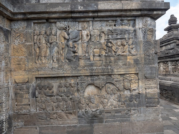 Fototapeta Wall and relief panels of  Borobudur temple, Java island,Indonesia