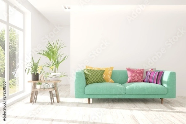 Fototapeta Stylish room in white color with sofa. Scandinavian interior design. 3D illustration