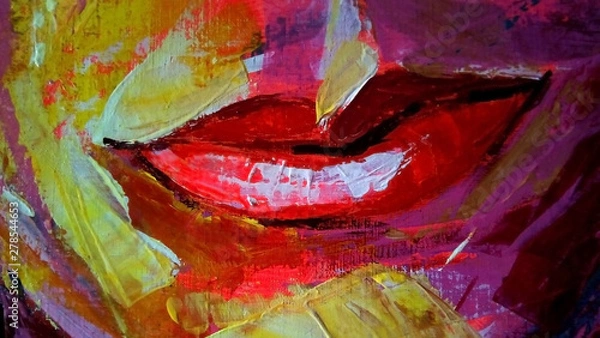 Fototapeta Rough abstract image of female lips. Multi-colored brush strokes on canvas. Handwork.