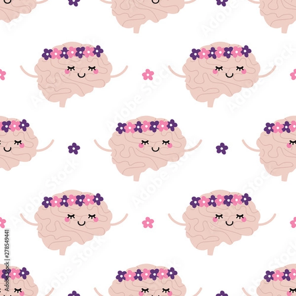 Fototapeta Vector seamless pattern background with cute cartoon style brain character in floral wreath and flowers as symbol of relax and calm mind.