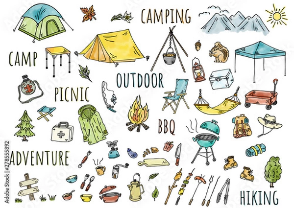Obraz 手描きイラスト：キャンプ　アウトドア 水彩カラー
