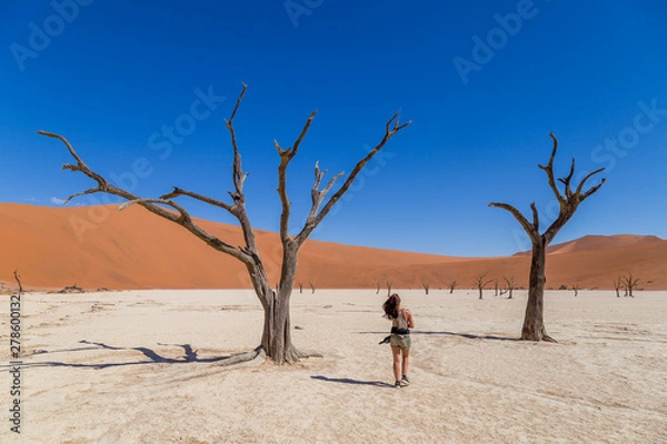 Fototapeta Jeune femme voyageuse dans le désert en Namibie