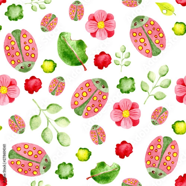 Fototapeta Watercolor seamless pattern with beetles and plants. For design of background, pattern, wallpaper, wrapper, print, fabric, clothes, cards