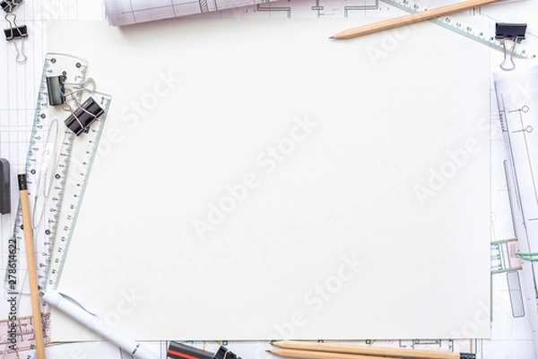 Fototapeta Architectural plans, pencil and ruler on the table. Place for your text