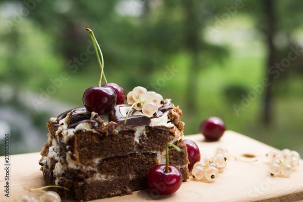 Fototapeta Chocolate cake with cherry on a beautiful bokeh background, with berries and flowers on a summer picnic
