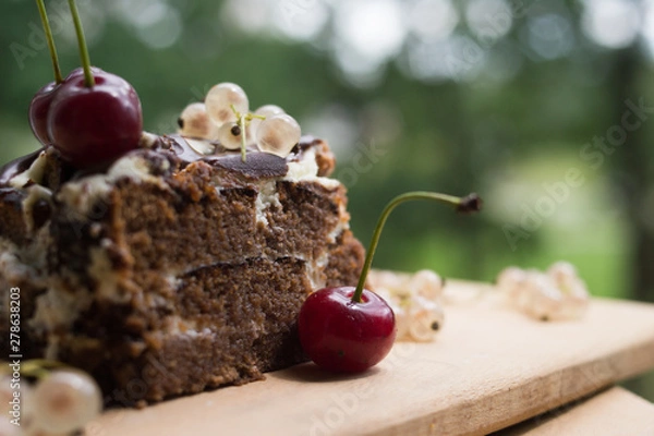 Fototapeta Chocolate cake with cherry on a beautiful bokeh background, with berries and flowers on a summer picnic