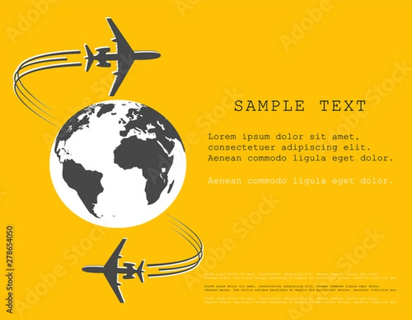 Obraz Airplane. Silhouette soaring around the globe. A twisting plane trail. Illustration with space for text. Vector monochrome style.
