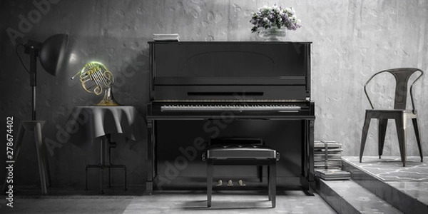 Fototapeta Arangment of Piano and French Horn (panoramic B&W) - 3d visualization