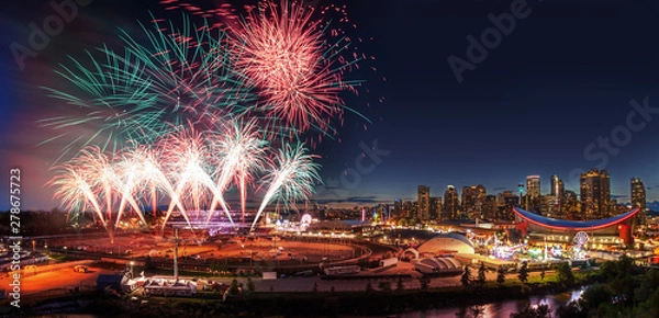 Obraz Fireworks Over City Skyline in Calgary, Alberta, Canada
