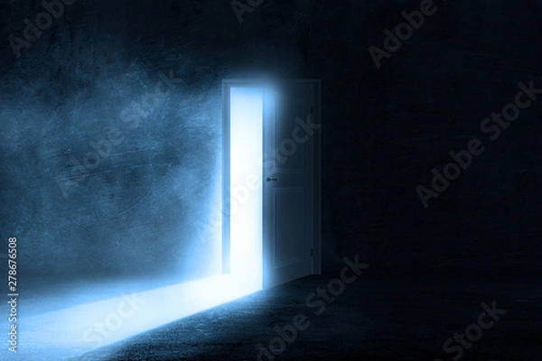 Fototapeta Interior dark room with dark concentrate floor with fog and mist. circle one way out up the stairs and little girl back view.