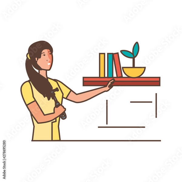 Obraz beautiful young woman with shelf and books