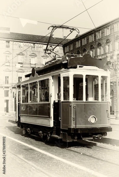Fototapeta Vintage looking photo of the historical tramway line number ten (from Crocetta to Regio Parco street) stops in Piazza Castello, main square of Turin (Italy)