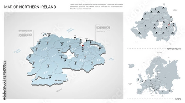 Obraz Vector set of Northern Ireland country.  Isometric 3d map, Northern Ireland map, Europe map - with region, state names and city names.