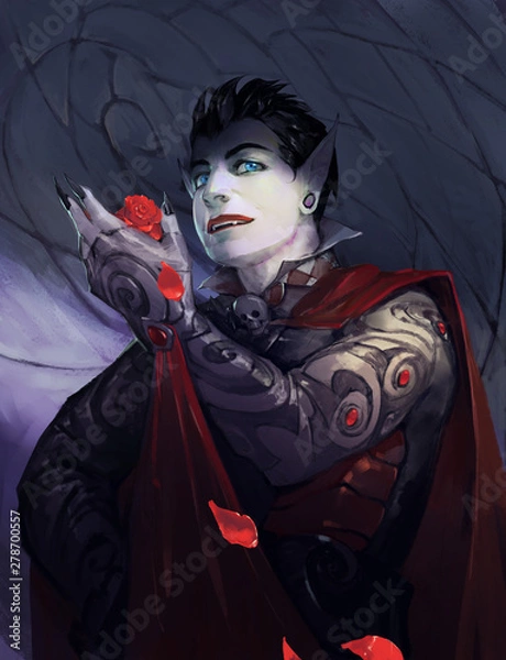Fototapeta Fantasy portrait illustration of a weird and sinister vampire creature on the dark stone background