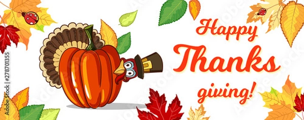 Fototapeta Bright autumn banner for Thanksgiving day with funny turkey and fresh pumpkin. Vector illustration