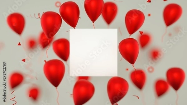 Obraz Gift card, birthday card with balloons. A balloons banner sign with party balloons. 3D Rendering.