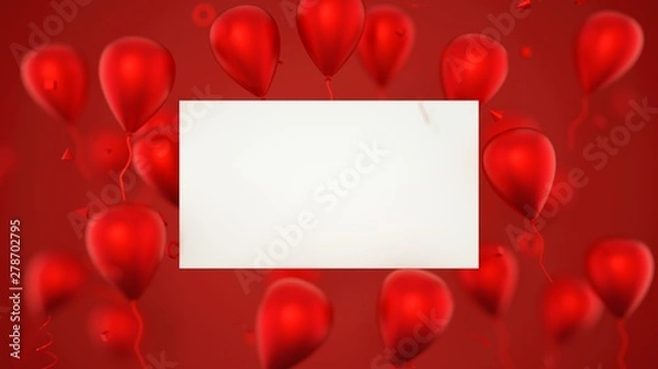 Obraz Gift card, birthday card with balloons. A balloons banner sign with party balloons. 3D Rendering.