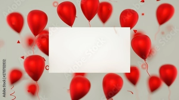 Obraz Gift card, birthday card with balloons. A balloons banner sign with party balloons. 3D Rendering.