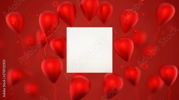 Obraz Gift card, birthday card with balloons. A balloons banner sign with party balloons. 3D Rendering.