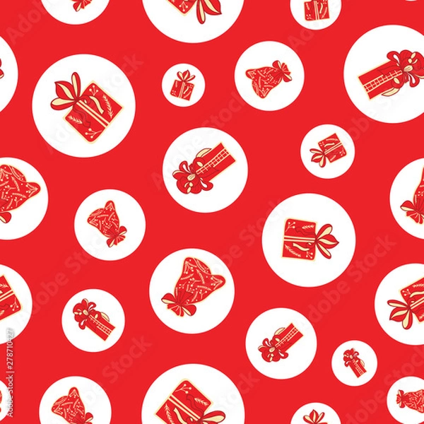 Fototapeta Red and white polka dots vector seamless pattern of hand-drawn Christmas gifts boxes and bags. Perfect for winter holidays wrapping paper, fabric, background.