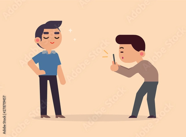 Obraz a photographer takes pictures of a model handsome boy with smartphone, vector flat illustration.