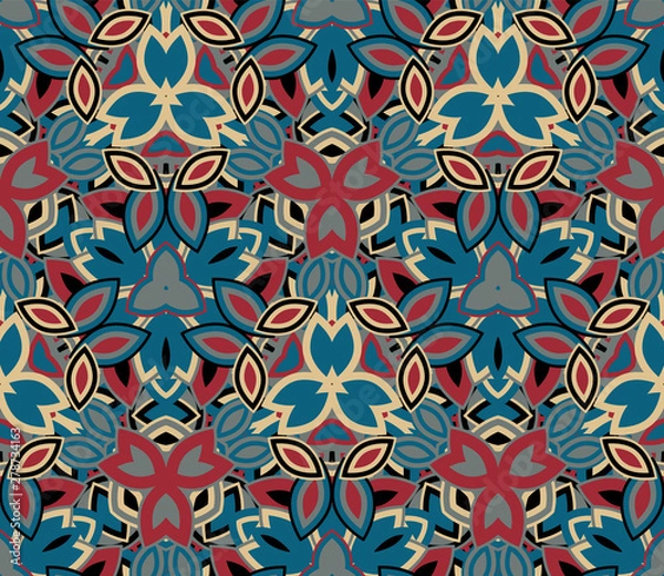 Fototapeta Kaleidoscope seamless pattern, background. Colorful abstract shapes. Useful as design element for texture and artistic compositions.