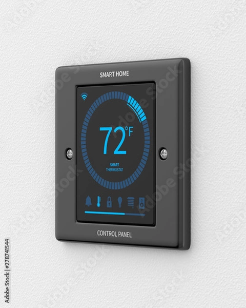 Fototapeta Smart home control panel mounted on a white wall. 3d render. Angled view. Smart Home Series.