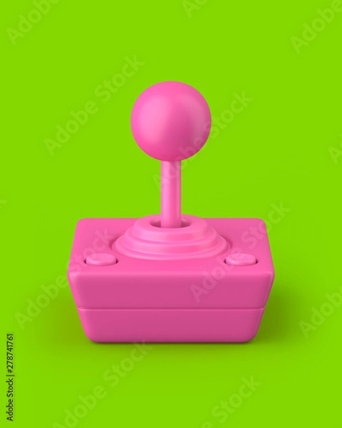 Fototapeta Pink retro joystick on a green background. 3d render. Angled view. Kitsch Art Series.