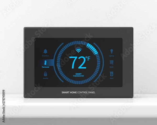 Fototapeta Smart home control panel on a white stand against a white wall. 3d render. Front view. Smart Home Series.