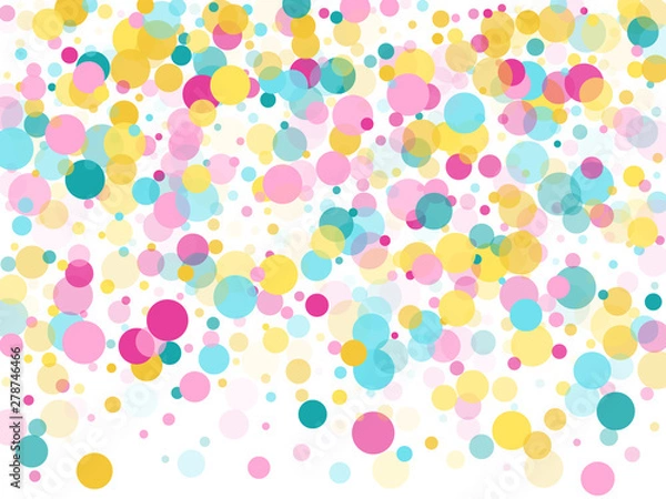 Fototapeta Memphis round confetti festive background in cyan blue, pink and yellow. Childish pattern vector.