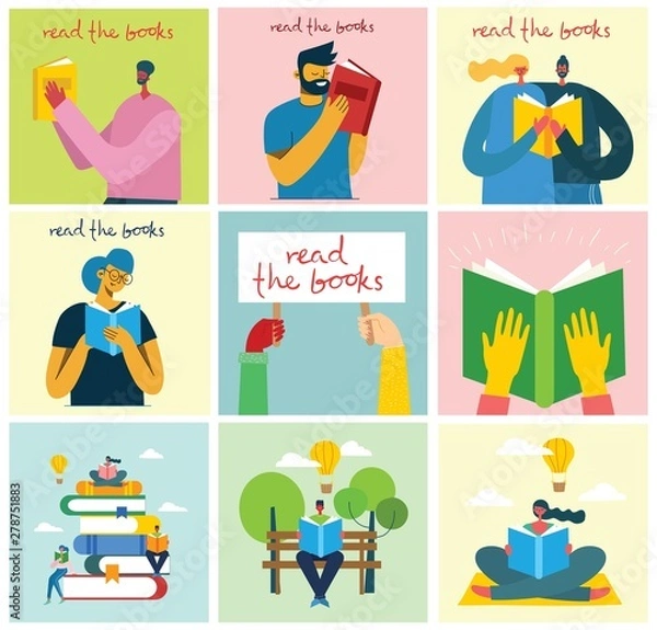 Fototapeta Vector concept illustrations of World Book Day, Reading the books and Book festival in the flat style. People sit, stand and walk and read a book