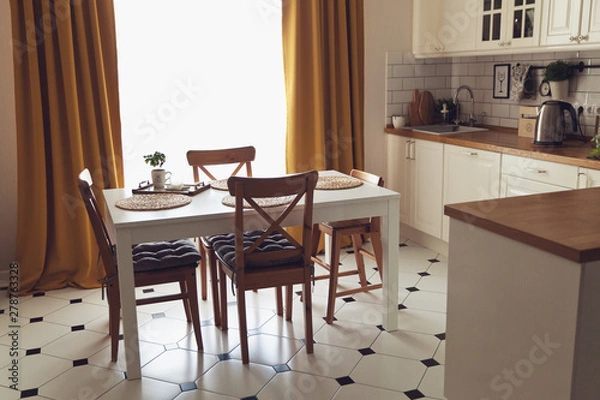 Fototapeta Modern Scandinavian style kitchen with dining table
