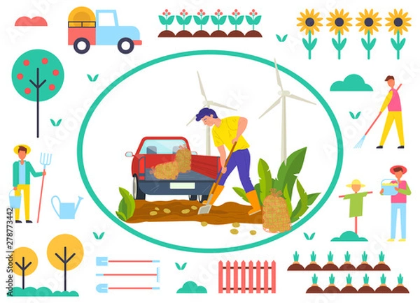 Fototapeta Farmer working on potato field vector, man using shovel and tractor to transport vegetables. Scarecrow and tree, car and sunflowers, fence and carrots on farm