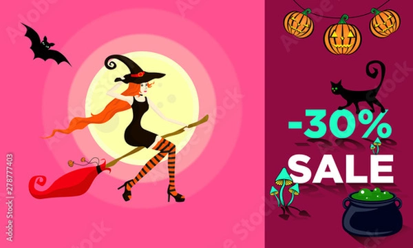 Fototapeta Flyer or banner with a 30% discount on sale in honor of Halloween. Young beautiful girl dressed as a witch flies on a broom in the direction of the sale