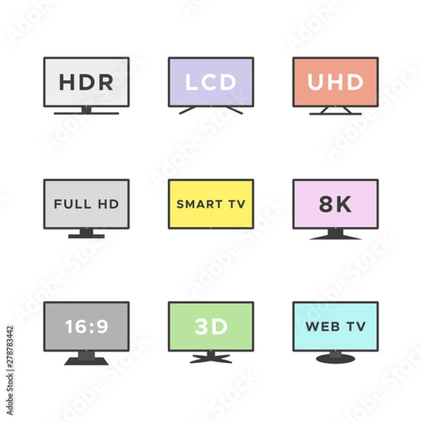 Fototapeta Smart TV icon set. Colorful TV screens isolated on white background. Web TV features: HDR, LCD, UHD, full HD, 8K, 16:9. Vector illustration, flat design